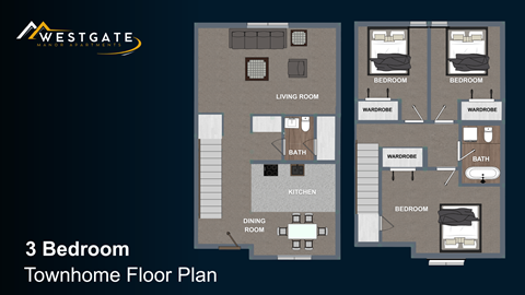 Floor plan for 3 beds, 1.5 baths, 1136 sqft